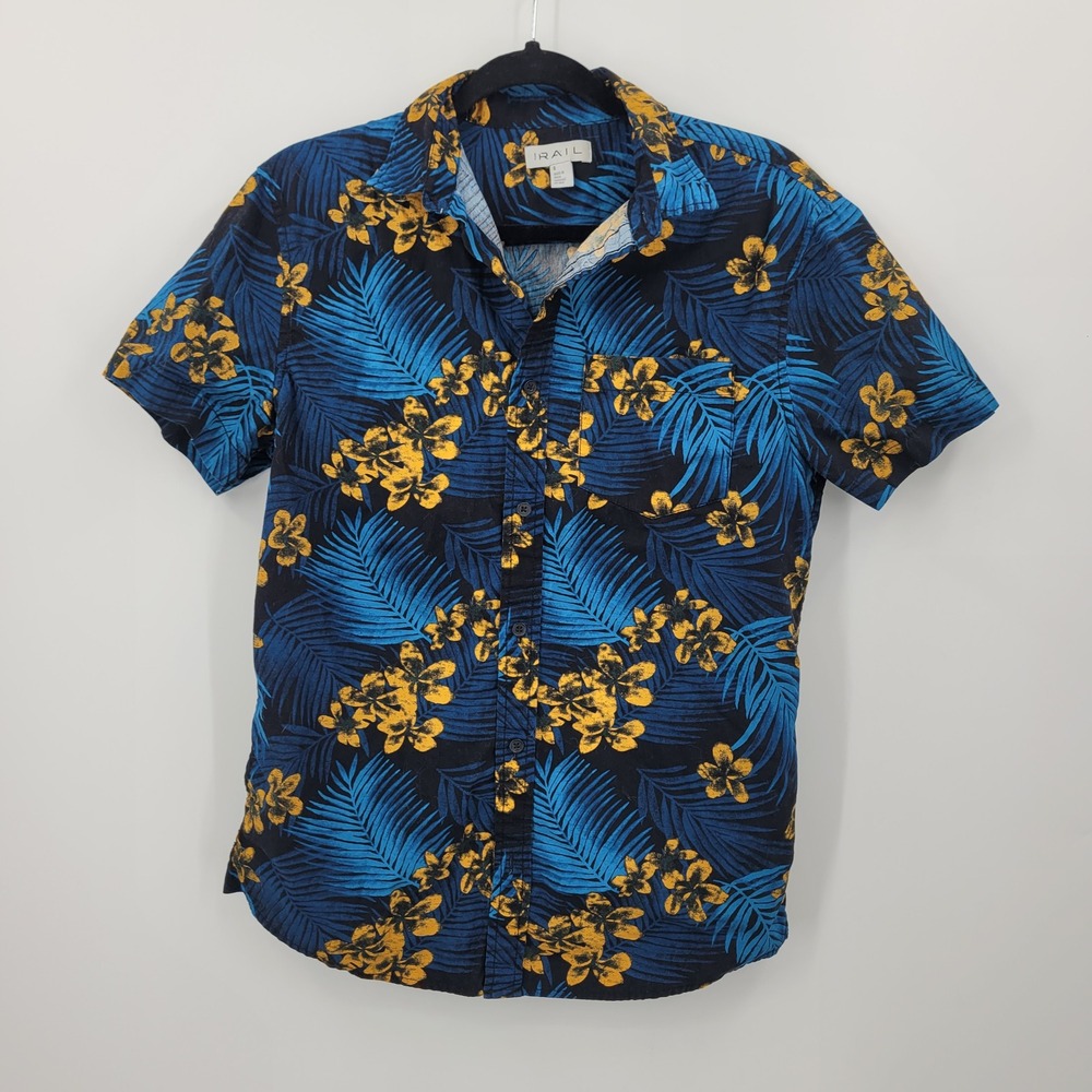 The Rail Cotton Tiki Tropical Hawaiian Palm Leaf Button Down Shirt Sz S Blue